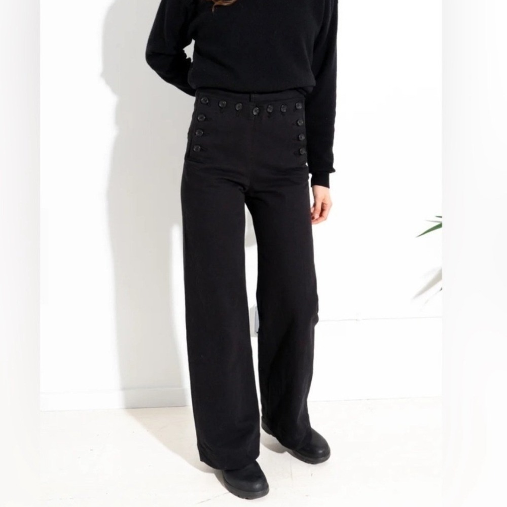 Tory Burch Black Moleskin Cotton Sailor Pants Wide Leg Cuffed 8 Minimal Preppy